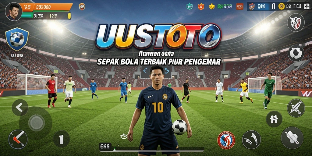 Tangkapan layar utama dari gameplay UUSTOTO yang menunjukkan aksi sepak bola seru.