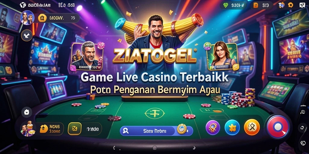 Screenshot gameplay ZIATOGEL menunjukkan dealer dan suasana kasino yang hidup.