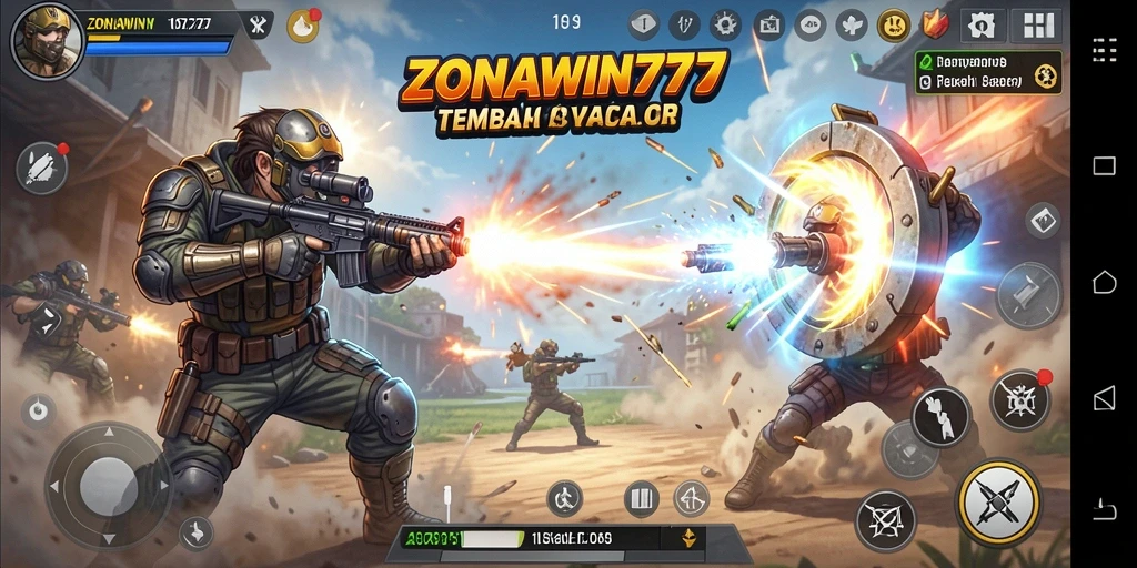 Tampilan gameplay menegangkan dalam ZONAWIN777 yang menampilkan aksi tembak menembak.